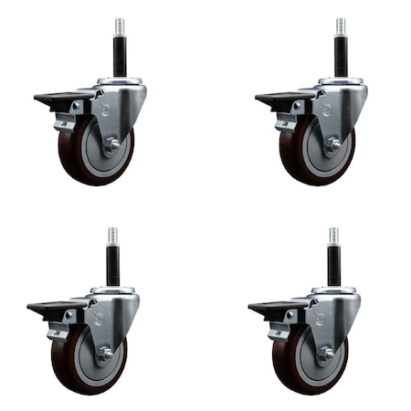 Service Caster 4'' Maroon Poly Swivel 3/4'' Expanding Stem Caster Set with Brake, 4PK SCC-EX20S414-PPUB-MRN-PLB-34-4